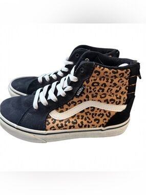 Vans Black and Leopard Print Girls Jr High-Top Sneakers, sz 3-3.5, zip back